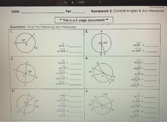 Central angles and arc measures notes answer key